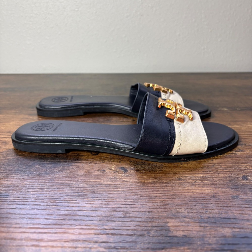 Tory Burch Ines Slide Sandals Navy Cream Leather Gold Logo Flats Womens 8